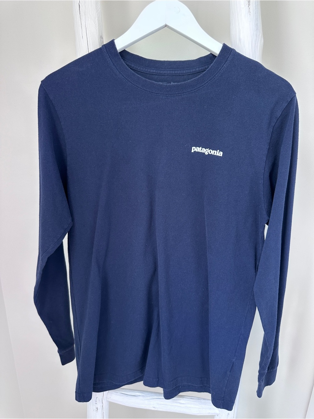 Patagonia Men’s Navy Long-Sleeve Chest Logo & Iconic Mountain Graphic on Back